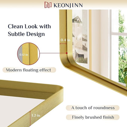 Keonjinn Brushed Gold Bathroom Mirror 72” x 36” Large Gold Bathroom Vanity Mirrors, Oversized Rounded Rectangle Mirror with Shatterproof HD Tempered Glass, Aluminum Alloy Frame(Horizontal/Vertical)