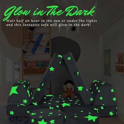 MeMoreCool 8-Piece Kids Modular Play Couch — Glow-in-The-Dark Star Foam Sofa Set for Toddlers, Convertible Fort Building & Climbing Furniture with Washable Covers, Playroom & Indoor Activity Set