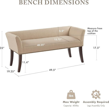Madison Park Accent Bench, Upholstered with Nailhead Trim, & Padded Seat Entryway Bench Small, End of Bed Bench with Back, 49.5" W x 19.25" D x 23" H, Tan