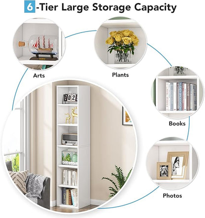 LITTLE TREE 70.9 Inch Tall Narrow Bookcase, Corner Bookshelf 6 Tier Cube Display Shelf Storage Organizer for Small Space, White