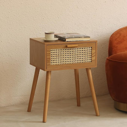 AWASEN Mid Century Nightstand, Rattan Side Table with Drawer, Modern Bedside Table with Storage and Solid Wood Legs for Living Room, Bedroom and Small Space (Brown)