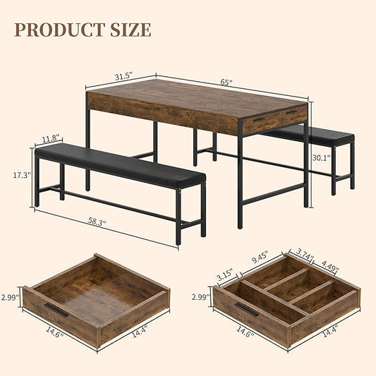 VECELO 65" Dining Table Set for 4-6, 3-Piece Kitchen Set with 2 Utensil Drawers, 2 Benches & Wine Rack, Space Saving & Heavy Duty, with Metal Frame & MDF Board, Rustic Brown