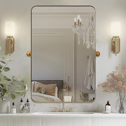 MOON MIRROR Brushed Gold Rectangle Pivot Mirror for Bathroom, Brass Pivoting Vanity，Overall 24.33 x 30 in (Mirror 20x 30 in)