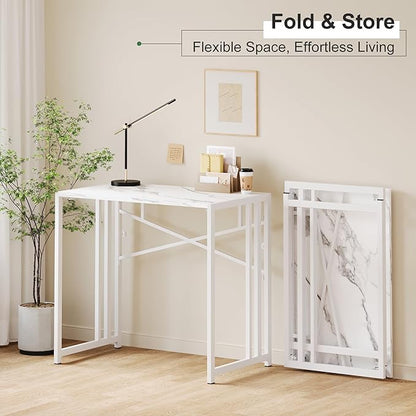 35 inch Folding Small Desk, Writing Gaming Computer Camping Desk for Small Spaces, No Assembly Required Home Office Table, White Marble