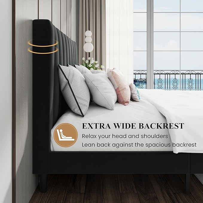 SHA CERLIN King Bed Frame/Velvet Upholstered Platform Bed Frame with Headboard/Strong Wood Slats Support/Mattress Foundation/No Box Spring Needed - Black