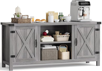 YESHOMY Farmhouse Buffet & Sideboard, 58" Kitchen Storage Cabinet with Adjustable Shelves & Doors, Wood Coffee Bar for Living Room, Entryway, Gray Washed