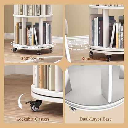 4 Tier Rotating Bookshelf Tower, 360 Spinning Bookcase Carousel with Lockable Wheels, Round Lazy Susan Organizer for Corner Bookshelf, Solid Wood Revolving Bookcase for Kids Room, Bedroom, Living Room