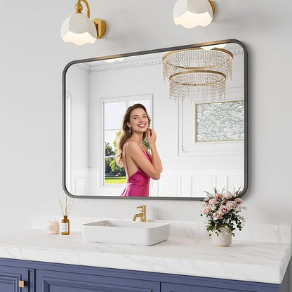 Bathroom Mirror, 30X40 Inch Black Metal Framed Mirror for Bathroom, Tempered Glass, Anti-Rust, Rounded Rectangle Mirror for Restroom, Bedroom, Black