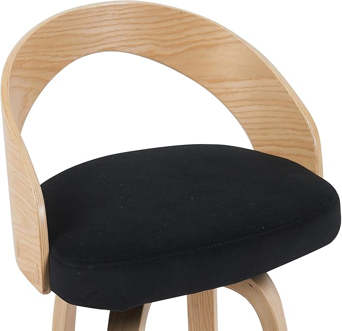Sonia Modern Swivel Counter Height Bar Stool with Black Upholstered Seat and Patterned Oak Wood Finish Set of 2