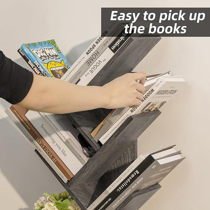 5 Tier Tree Book Shelf, Small Desktop Bookshelf with Storage Organizer, Wood Bookcase, Desk Display Bookshelves, Floor Standing Organizer Bookcases for Living Room,Bedroom,Office - Light Grey