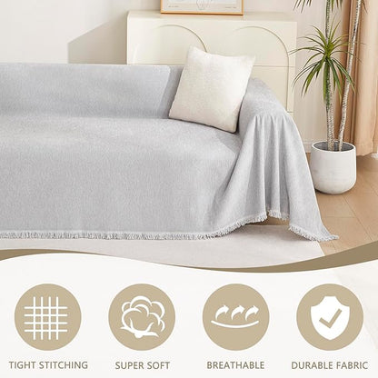 MYSKY HOME Chenille Sofa Cover for Dogs Cats Light Gery Couch Cover with Tassel Edge Farmhouse Furniture Protectors for Pets Thick Durable Sectional Couch Covers for 2 Cushion Couch, 71"x 102"