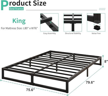 8 Inch King Bed Frame Sturdy Mattress Foundation, Heavy Duty Metal Platform with Steel Slats Support No Box Spring Needed, Noise Free, Easy Assembly, Black