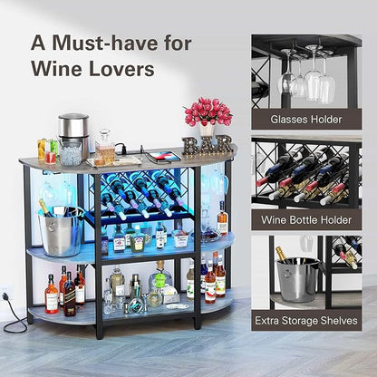 Zarler Bar Cart with Power Outlet Easy to Assemble, LED Home Bar Cabinet for Liquor, 47.3" L x 15.8" D x 36" H Metal Mini Bar Table with 4-Tier Storage, Light Grey