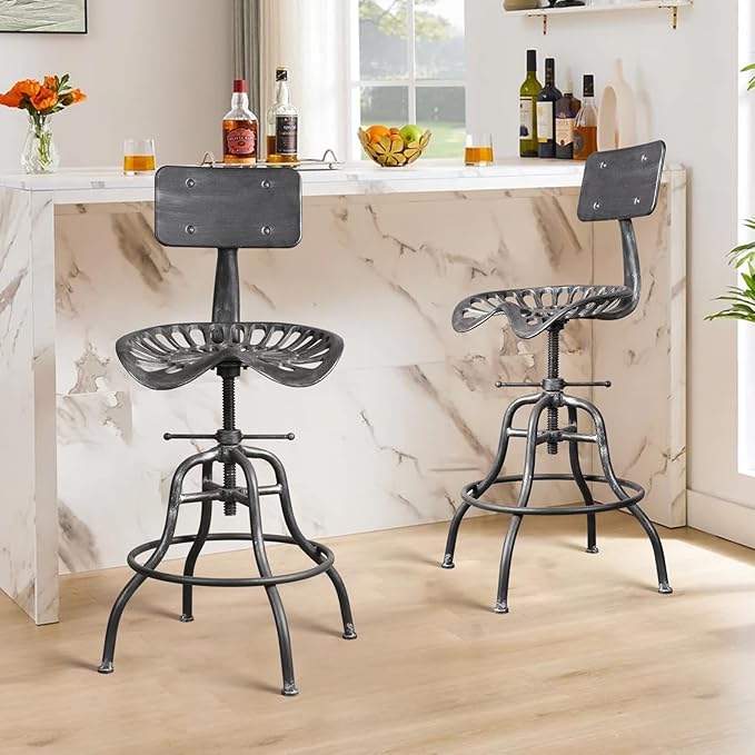Diwhy Industrial Design Metal Adjustable Height Backrest Chair Vintage Tractor Saddle Bar Stool (Silver)