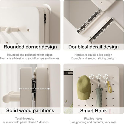 KungFuWood Full Length Mirror with Shelf and Hooks,Entry Way Mirrors for Wall,Wall Mirror with Shelf,Wall Mirror with Storage Multifunctional Design Panel,Living Room