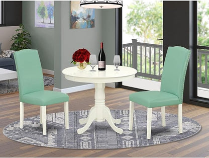 East West Furniture ANEN3-LWH-57 3 Piece Dinette Set for Small Spaces Contains a Round Kitchen Table with Pedestal and 2 Pond Faux Leather Parson Dining Chairs, 36x36 Inch, Linen White