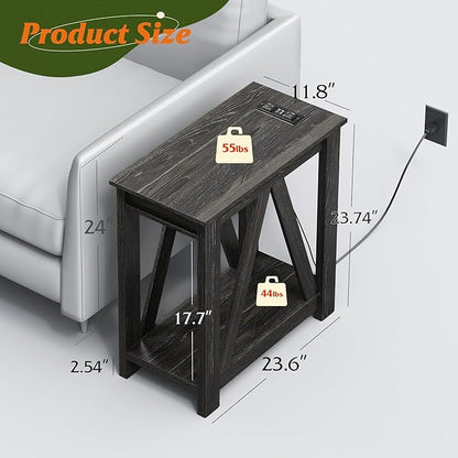 WLIVE Narrow End Table with Charging Station of Open Storage Shelf, Sofa Side Table with 2 USB Ports and 2 Power Outlets, Slim Farmhouse End Table for Small Spaces, Bedroom, Living Room