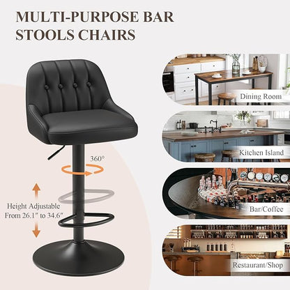 Bar Stools Set of 6, Swivel Bar Chairs, Modern Adjustable PU Leather Upholstered Barstools Counter Height with Tufted Back for Bar, Kitchen Counter Island, Dining Room, Black
