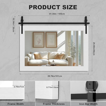 Hasipu Farmhouse Bathroom Mirror, 40"x26" Rustic Wood Framed Wall Mounted Mirror, White Vintage Vanity Mirror Barn Door Style Decrative Mirrors