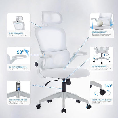 Ergonomic Mesh Office Chair, 400 lbs Capacity, High Back Desk Chair with Adjustable Lumbar Support, 3D Headrest, Flip-Up Armrests, and PU Wheels for Long Workdays and Home Office (White)
