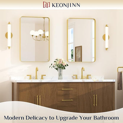 Keonjinn Gold Bathroom Mirrors for Wall 20 x 30 Inch Rounded Rectangle Gold Vanity Mirror, Brushed Brass Mirror with Metal Frame, HD Tempered Glass, Decorative Farmhouse Mirror(Horizontal/Vertical)
