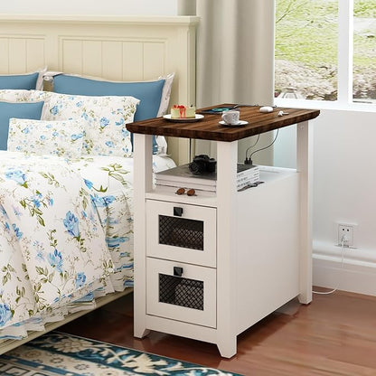 Farmhouse XXL End Table with Charging Station, Narrow Side Table with USB Ports and Outlets, Nightstand with 2 Drawers Storage, Bedside Tables for Living Room, Bedroom, Rustic Walnut White