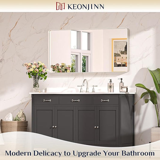 Keonjinn 42 x 20 Inch Brushed Nickel Bathroom Mirrors for Over Sink, Rounded Rectangle Silver Bathroom Vanity Mirror, Metal Framed Farmhouse Mirror for Wall, HD Tempered Glass(Horizontal/Vertical)