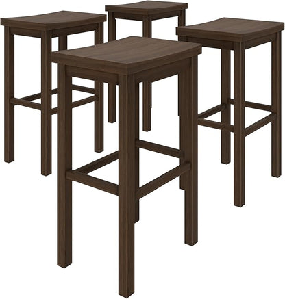 Grain & Grove Smith Collection Set of 4 Solid Wood Bar Stools, 30 inch Saddle-Seat Bar Chairs, Backless, Heavy-Duty Construction, Footrest Support, for Kitchen Islands, Home Bars, and Counters, Walnut