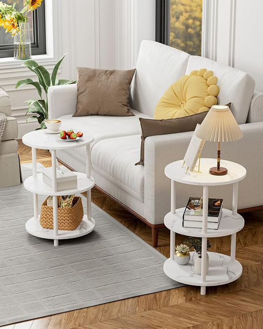 Small Round End Table - 3 Tier Design Accent Table, Narrow Side or Bedside Stand, Industrial Vintage Nightstand for Bedroom, Living Room, or Small Spaces, Set of 2, Marble White