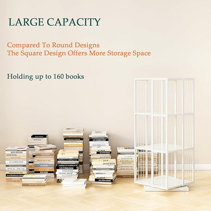 Square Rotating Bookshelf Tower - 360 Spinning Display Corner Bookcase for Narrow Space, Modern 3-Tier Revolving Storage Shelf, White