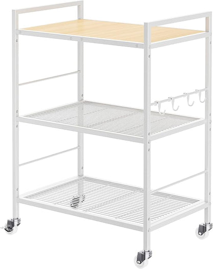 3-Tier Metal Storage Rack with Industrial Wheels,Mesh Shelving Unit with Wooden Table top,Adjustable Shelf,23.6-Inch Width,15.8-Inch Depth, for Kitchen, Laundry,Pantry,Plant,white