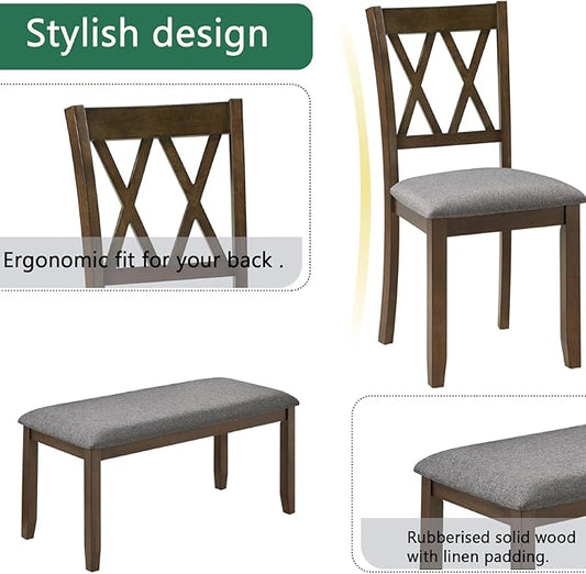 Dining Table Set, Wooden Kitchen Table Set with Rectangular Table, 4 Vertical X Backrest Upholstered Chairs & a Bench, Table and Chairs with Non-Slip Feetmats for 6 People, Living Room, Walnut