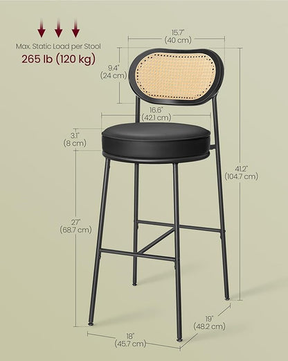 VASAGLE Bar Stools Set of 2, Bar Height Stools with Rattan Back and Metal Legs, 30.1-Inch Tall Counter Chairs, Modern Leather Upholstered Barstools for Kitchen Island Dining Room, Ink Black