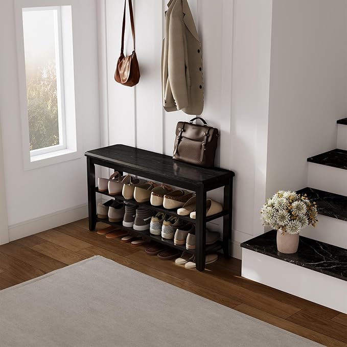 Wood Shoe Rack Bench for Entryway, 2 Tier Shoe Rack for Front Door Entrance, Shoe Bench with Shoe Storage for Entryway, Bedroom, 39.4"