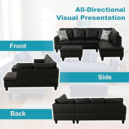 Couches for Living Room Faux Leather L Shaped Couch Comfy 3 Pieces Sectional Sofa with Chaise, Ottoman with Storage for Office and Small Apartment, Classic Black