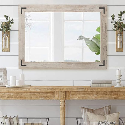 YOSHOOT Rustic Wooden Framed Wall Mirror, Natural Wood Bathroom Vanity Mirror for Farmhouse Decor, Vertical or Horizontal Hanging (40" x 26", White Grey)