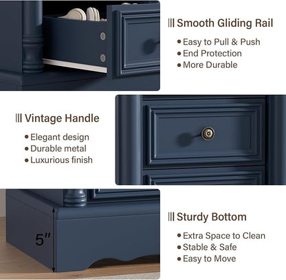 Nightstand with 3 Drawers, Rustic Night Stand 18' Wide Side Table with Storage, Mid-Century Modern Couch End Table with Vintage Handles, Small Dresser for Bedroom, Living Room, Indigo Blue