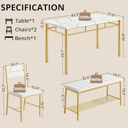 IRONCK Dining Table Set for 4, Kitchen Table with Upholstered Bench and 2 Chairs, Kitchen Table and Chairs Set for Small Space, Apartment, White & Gold