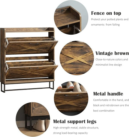 Maupvit Shoe Storage Cabinet with 2 Flip Drawers, Freestanding Shoe Organizer with Metal Legs for Entryway, Narrow Shoe Rack Cabinet, Rustic Brown
