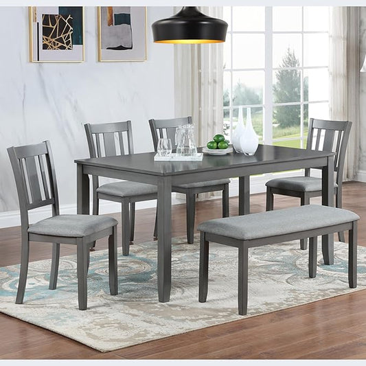 soges 6 Piece Kitchen Dining Table Set, Wooden Dining Table with 4 Upholstered Chairs and a Bench for 6 People, Living Room, Home and Kitchen, Table Chairs Set, Grey