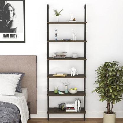 Ladder Shelf Black 6 Tiers Modern Bookshelf Room Organizer Open Tall Wall Mount Bookcase Standing Leaning Wall Shelves Industrial Decorative Living Room Bed Room (Brown)