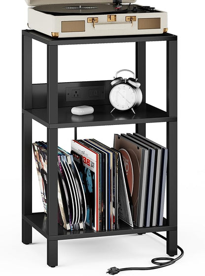 TUTOTAK Record Player Stand with Storage Up to 100 Albums，Record Storage Table,3 Tier End Table with Charging Station,Side Table for Living Room, Bedroom, Black TB01BK076