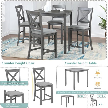 5PCS Dining Table Set, Counter Height Kitchen Table Set with Square Table and 4 Upholstered Chairs, Square Dining Table Set for 4, Gray