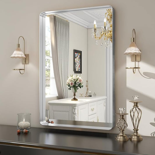 Silver Bathroom Mirror for Wall, 30x22 Inch Rectangular Aluminum Alloy Framed Mirror, Modern Wall Mounted Vanity Mirror for Bathroom, Vertical or Horizontal