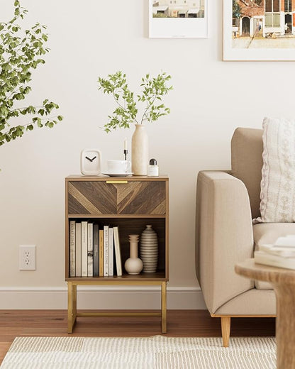 Nightstand, Boho Night Stand Wood Farmhouse Bedside Table with Storage, End Side Table for Bedroom,Living Room,Walnut
