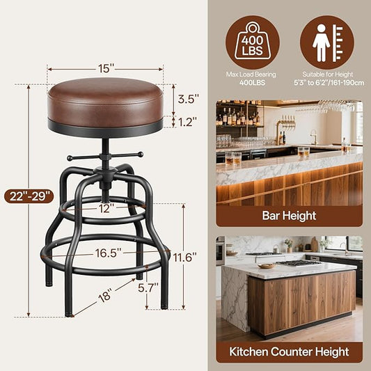 Adjustable Height Swivel Bar Stools Set of 2, 22-29 Inch Industrial Vintage Bar Counter Height Stools with Thicken Premium Bonded Leather Seats & Updated Footrests, Easy Assembly, Brown