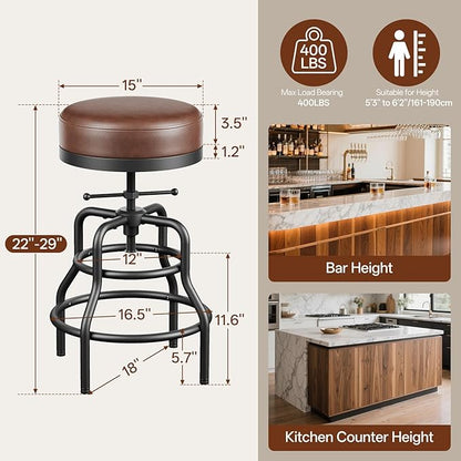 Adjustable Height Swivel Bar Stools Set of 3, 22-29 Inch Industrial Vintage Bar Counter Height Stools with Thicken Premium Bonded Leather Seats & Updated Footrests, Easy Assembly, Brown