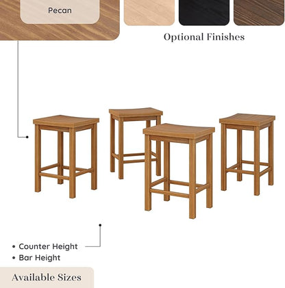 Grain & Grove Smith Collection Set of 4 Solid Wood Counter Height Bar Stools, 24-Inch Saddle Seat Backless Stools, Ideal for Kitchen Island, Dining, or Home Bar Seating, Pecan