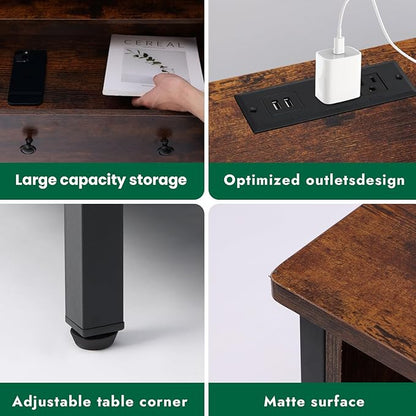 27 Inch Wide Night Stand, Large Wood Night Stand with 2 Drawers, LED Nightstand with Charging Station and Adjustable Drawer, Bedside Table for Living Room/Bedroom/Study/Office, Retro.