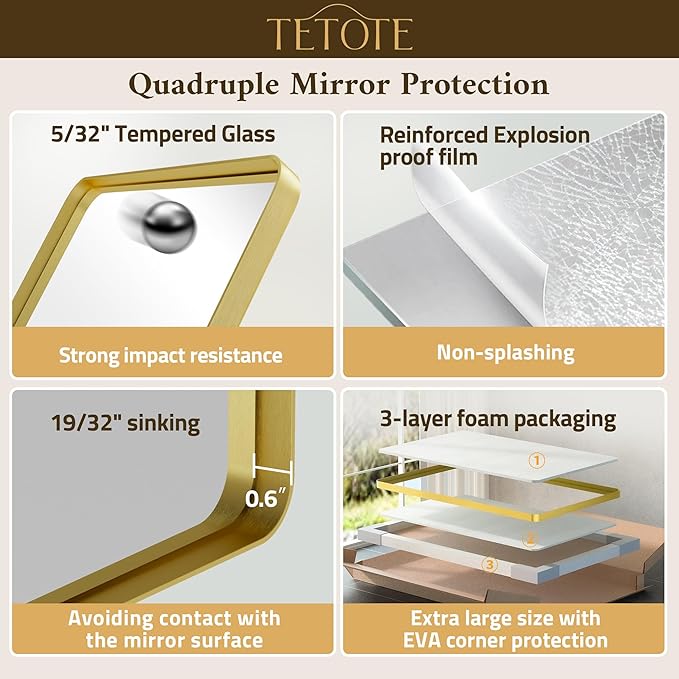 TETOTE Gold Vanity Mirror 20 x 30 Brushed Gold Metal Framed Vanity Mirror, Tempered Glass, Modern Farmhouse Wall Mounted Mirrors for Decorative(Horizontal/Vertical)